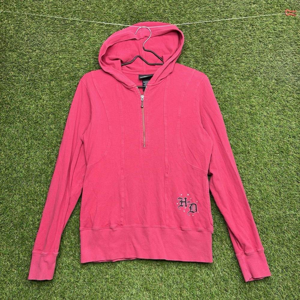 Harley Davidson Hoodie Womens Medium Pink 1/2 Zip Pullover Rhinestone Wings Y2K